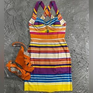 Calvin Klein mini dress / Vera Wang Lavender wedges / Gold locket necklace